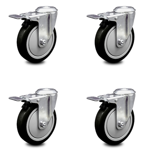 5 Inch Black Polyurethane Swivel Bolt Hole Caster Set with Total Lock Brake SCC